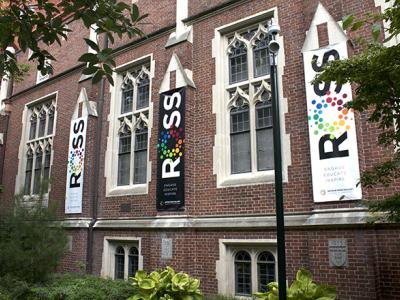 Exterior of the Arthur Ross Gallery, with banners on the building